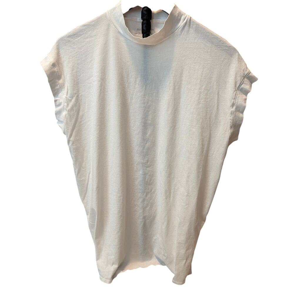 Eileen Fisher Womens Band Neck Oversized Tunic Long Top Cut Sleeve White Sz XS